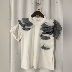 Elegant White and Gray Ruffle Top